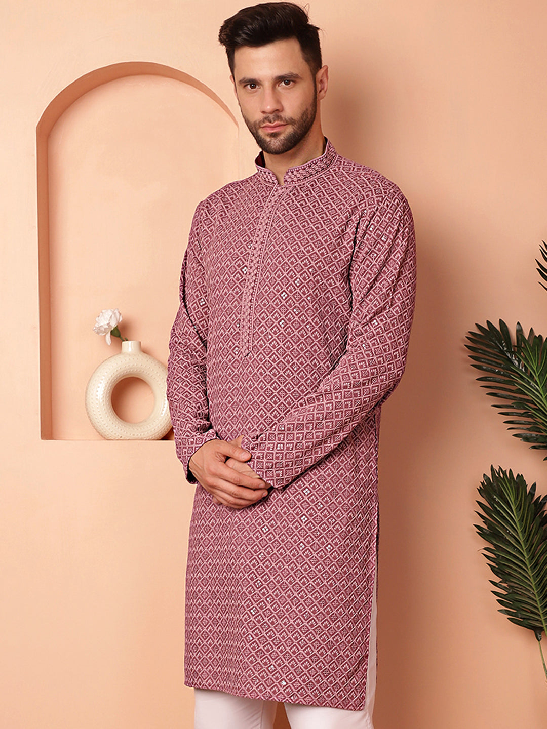 Men'S Magenta Embroidered And Sequence Kurtas