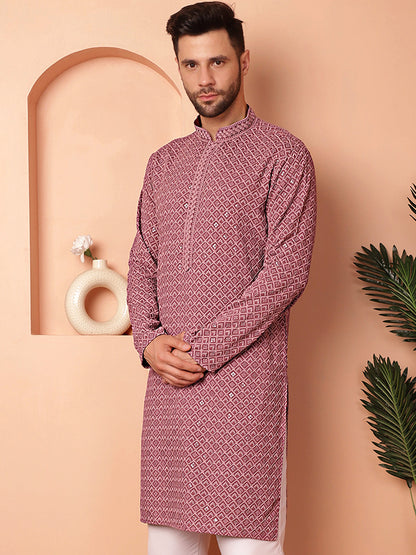 Men'S Magenta Embroidered And Sequence Kurtas