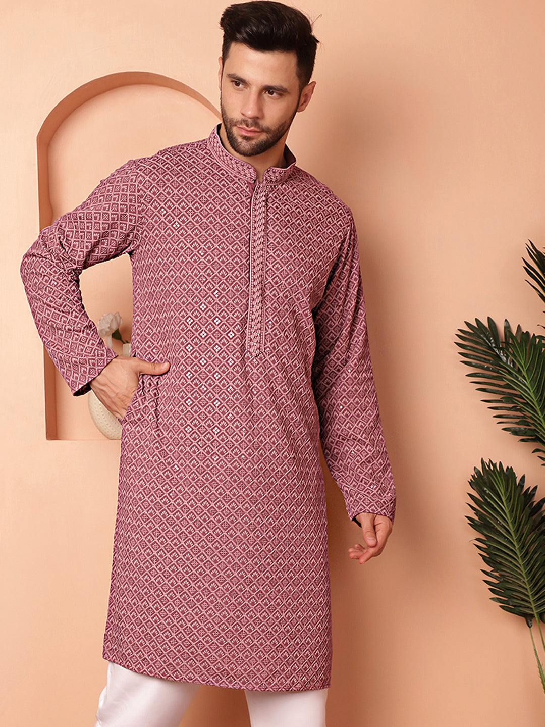 Men'S Magenta Embroidered And Sequence Kurtas