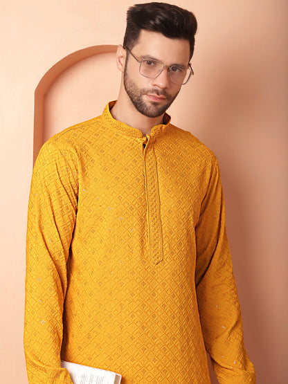Men'S Mustard Embroidered And Sequence Kurtas
