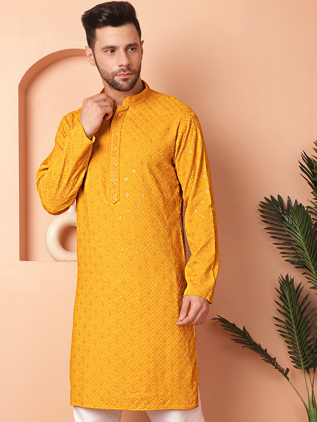 Men'S Mustard Embroidered And Sequence Kurtas