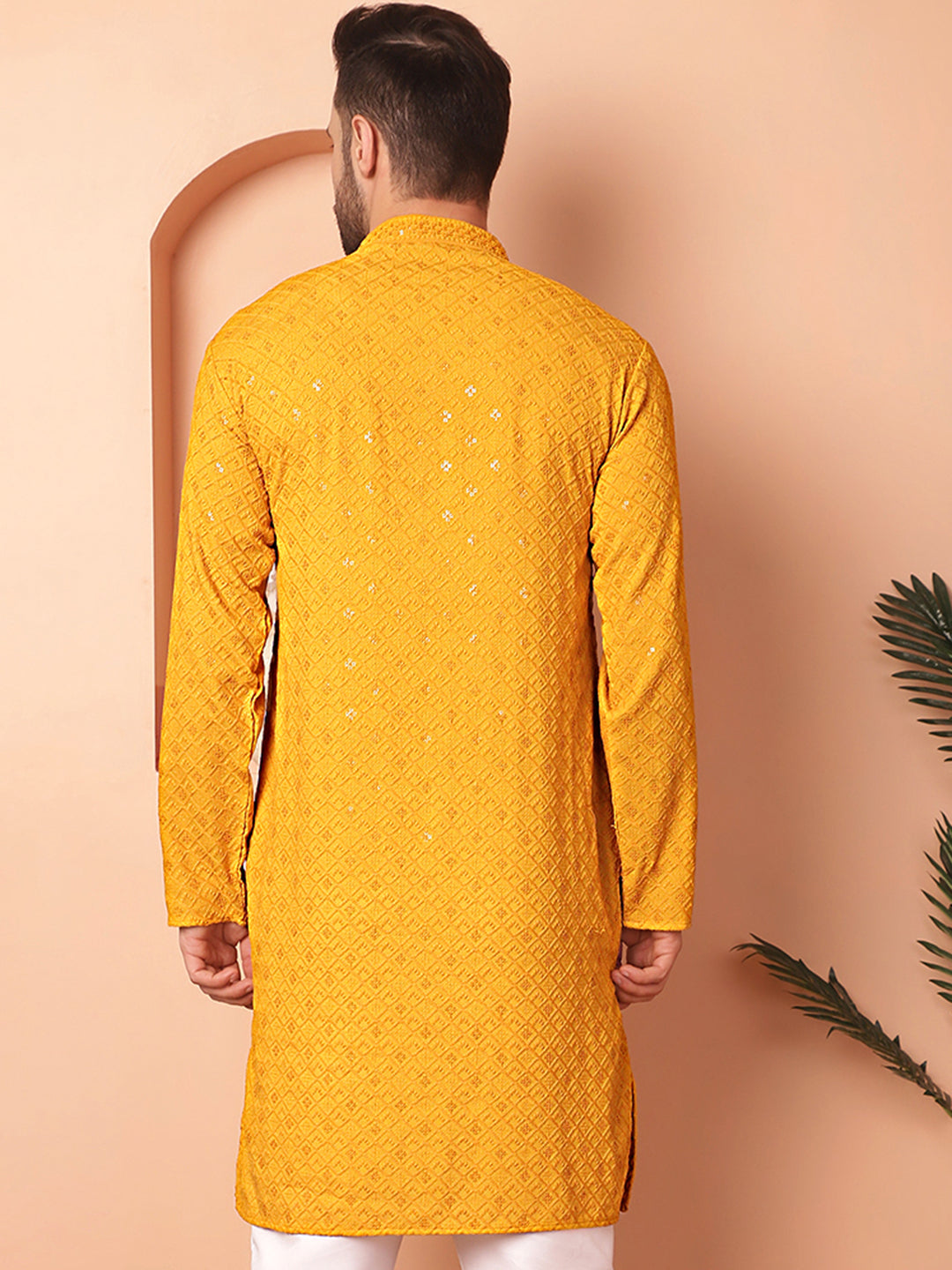 Men'S Mustard Embroidered And Sequence Kurtas