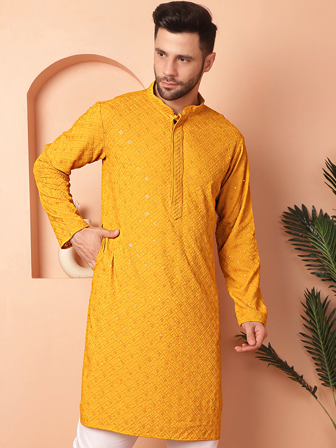 Men'S Mustard Embroidered And Sequence Kurtas