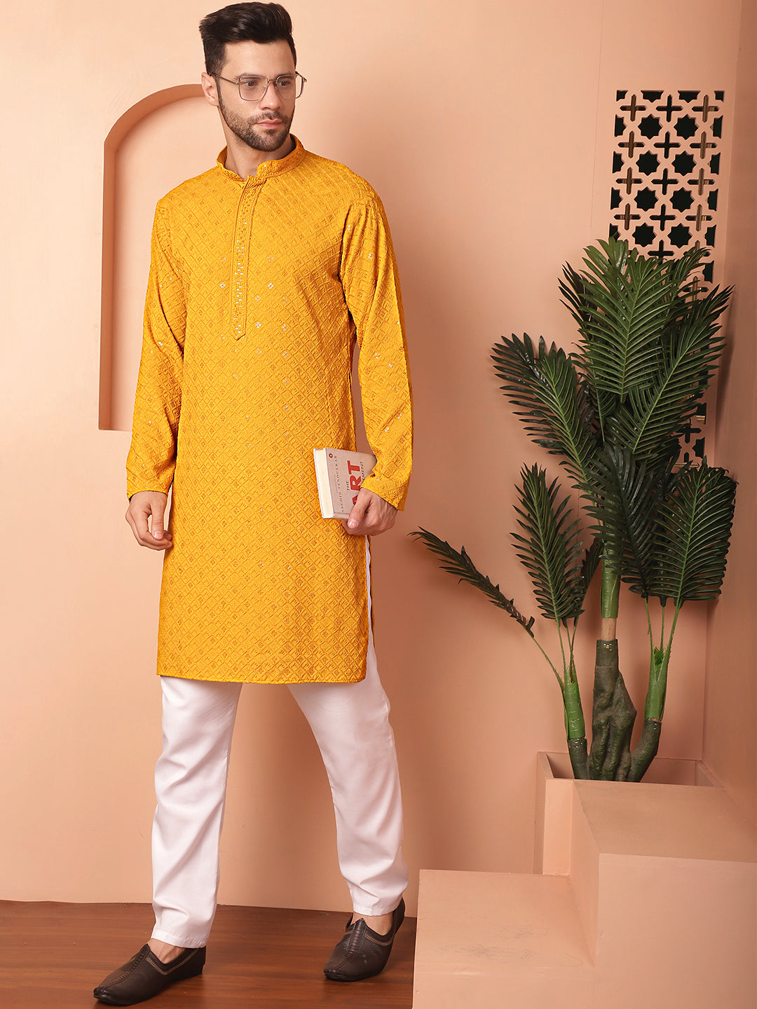 Men'S Mustard Embroidered And Sequence Kurtas