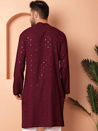 Men'S Purple Embroidered And Sequence Kurtas