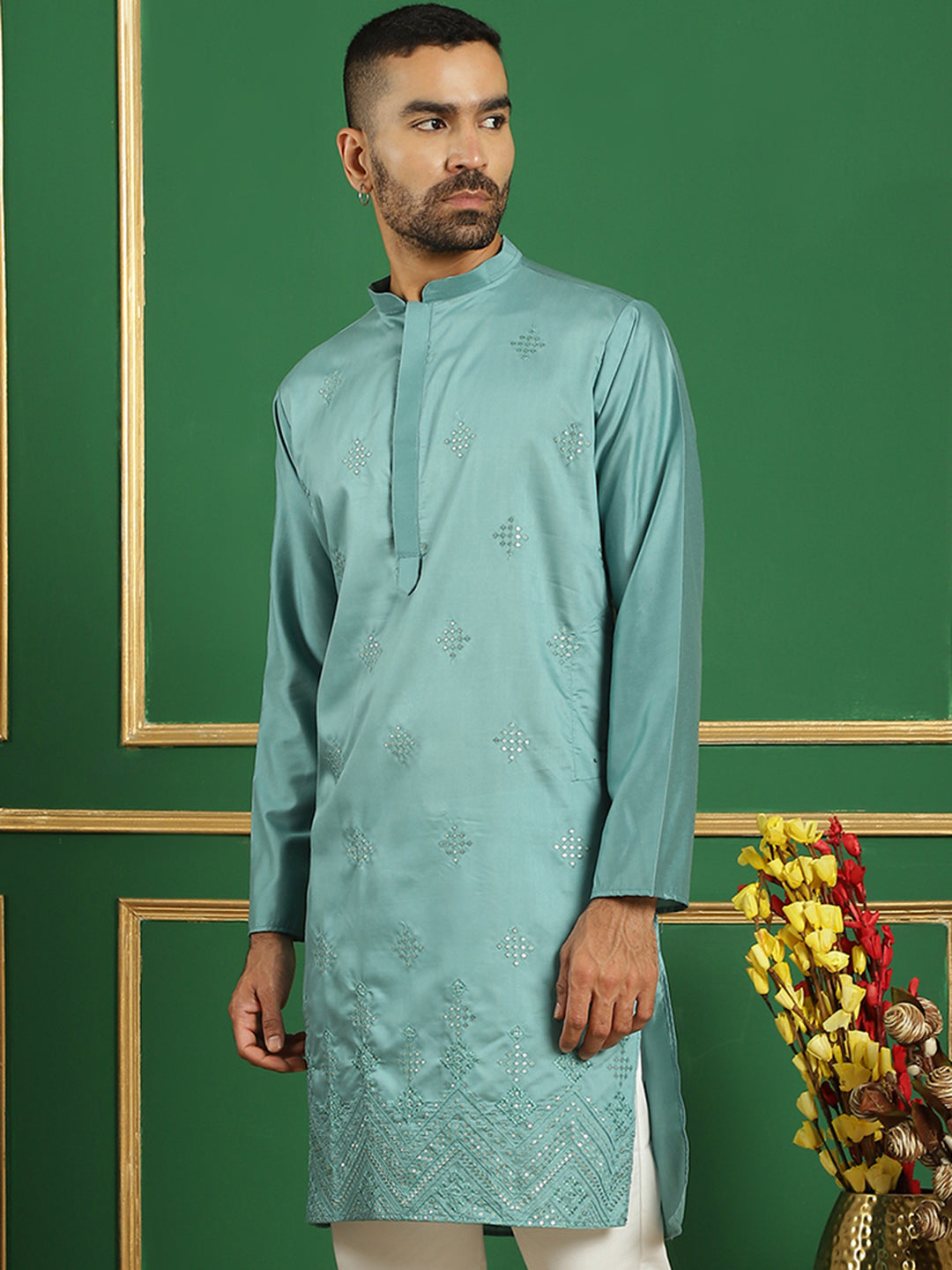 Men Blue Embroidered And Sequence Kurtas