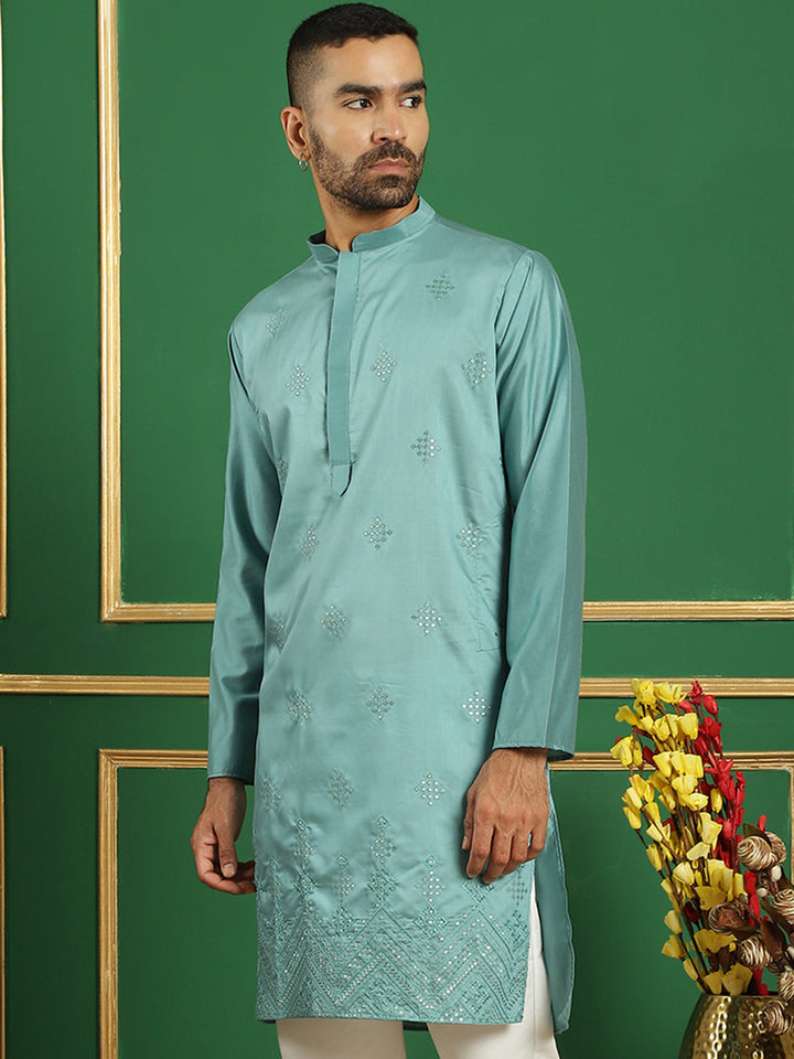 Men Blue Embroidered And Sequence Kurtas