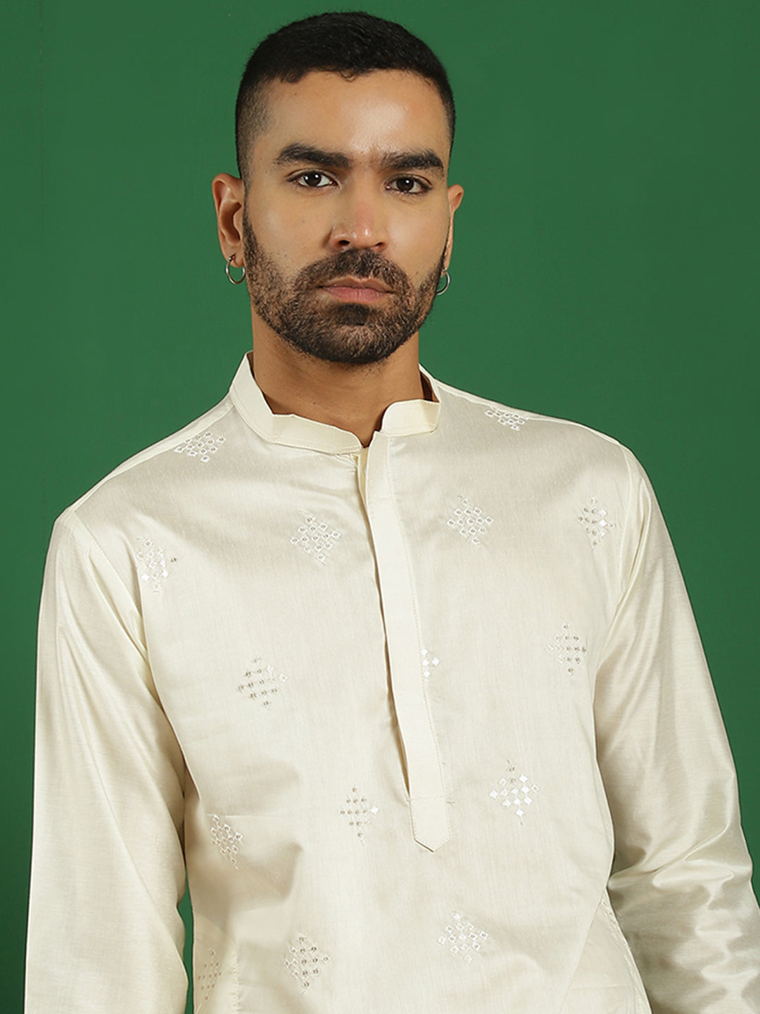 Men Cream Embroidered And Sequence Kurtas