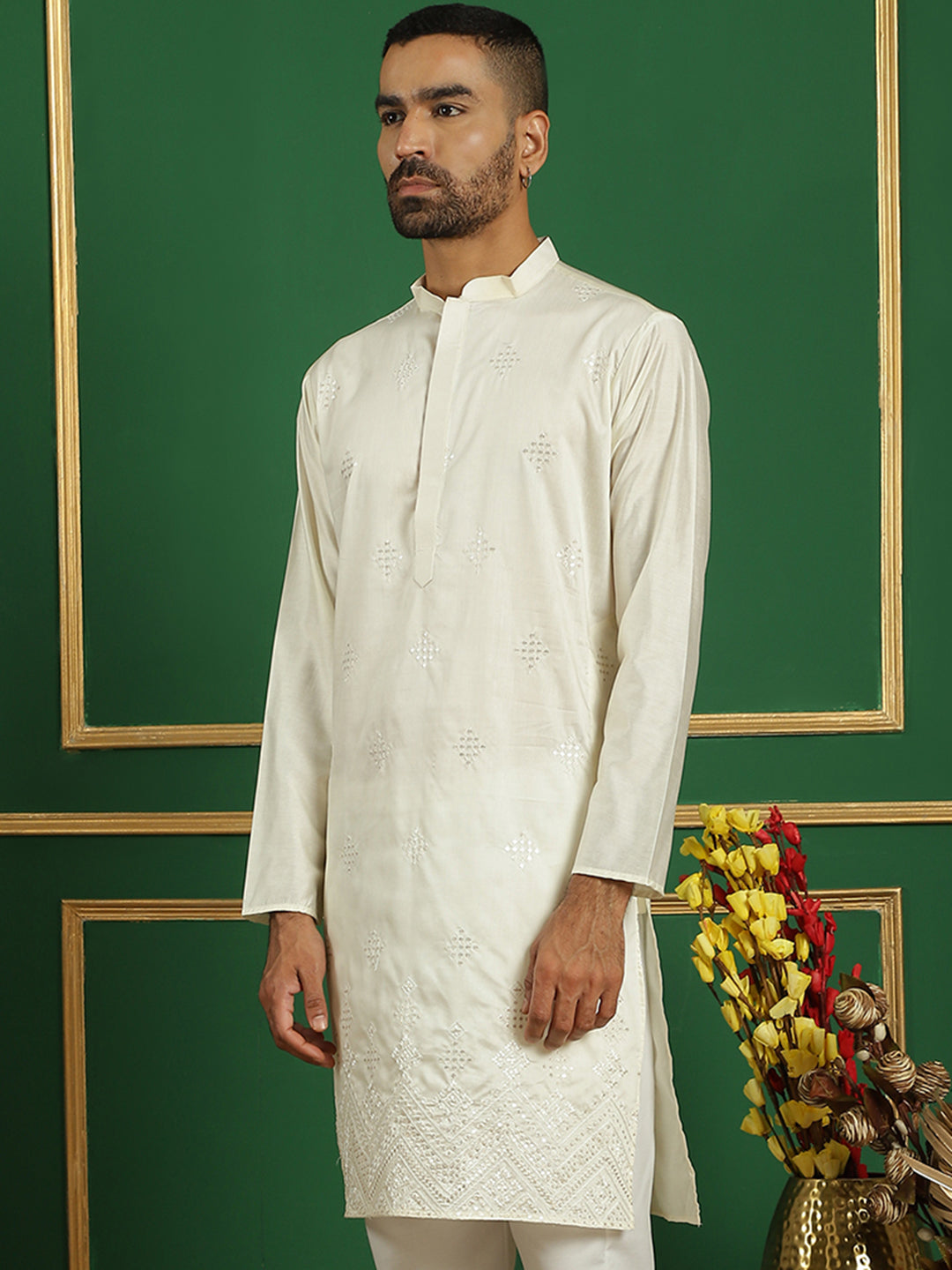 Men Cream Embroidered And Sequence Kurtas