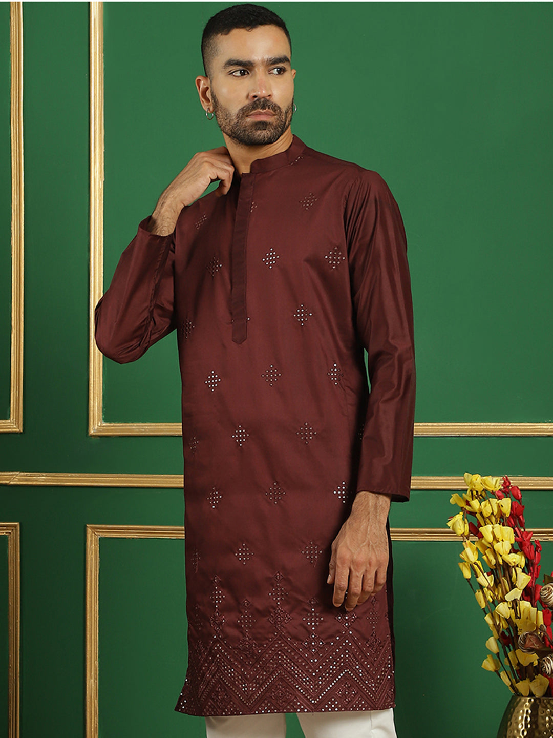 Men Maroon Embroidered And Sequence Kurtas