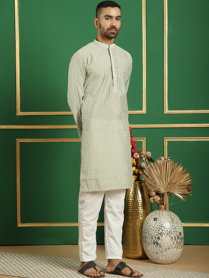 Men Blue Embroidered And Sequence Kurtas