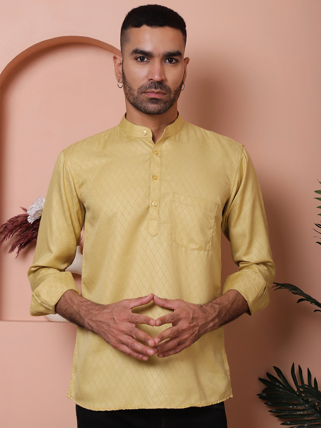 Beige Woven Design Short Kurta For Men