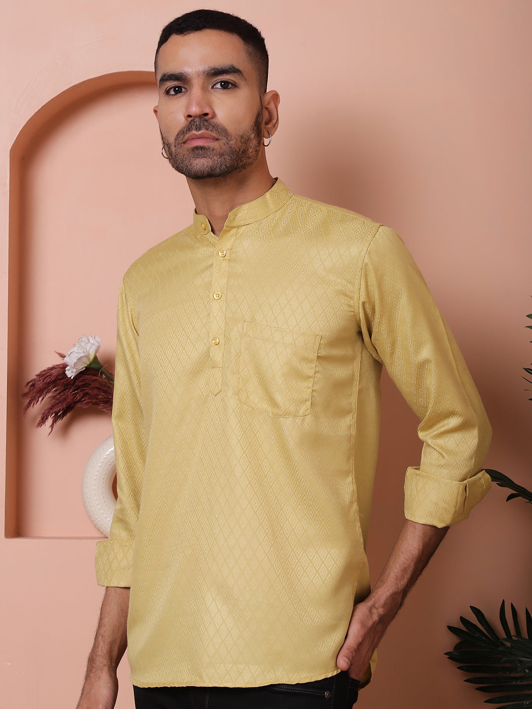 Beige Woven Design Short Kurta For Men