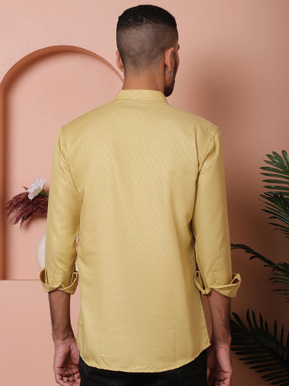 Beige Woven Design Short Kurta For Men