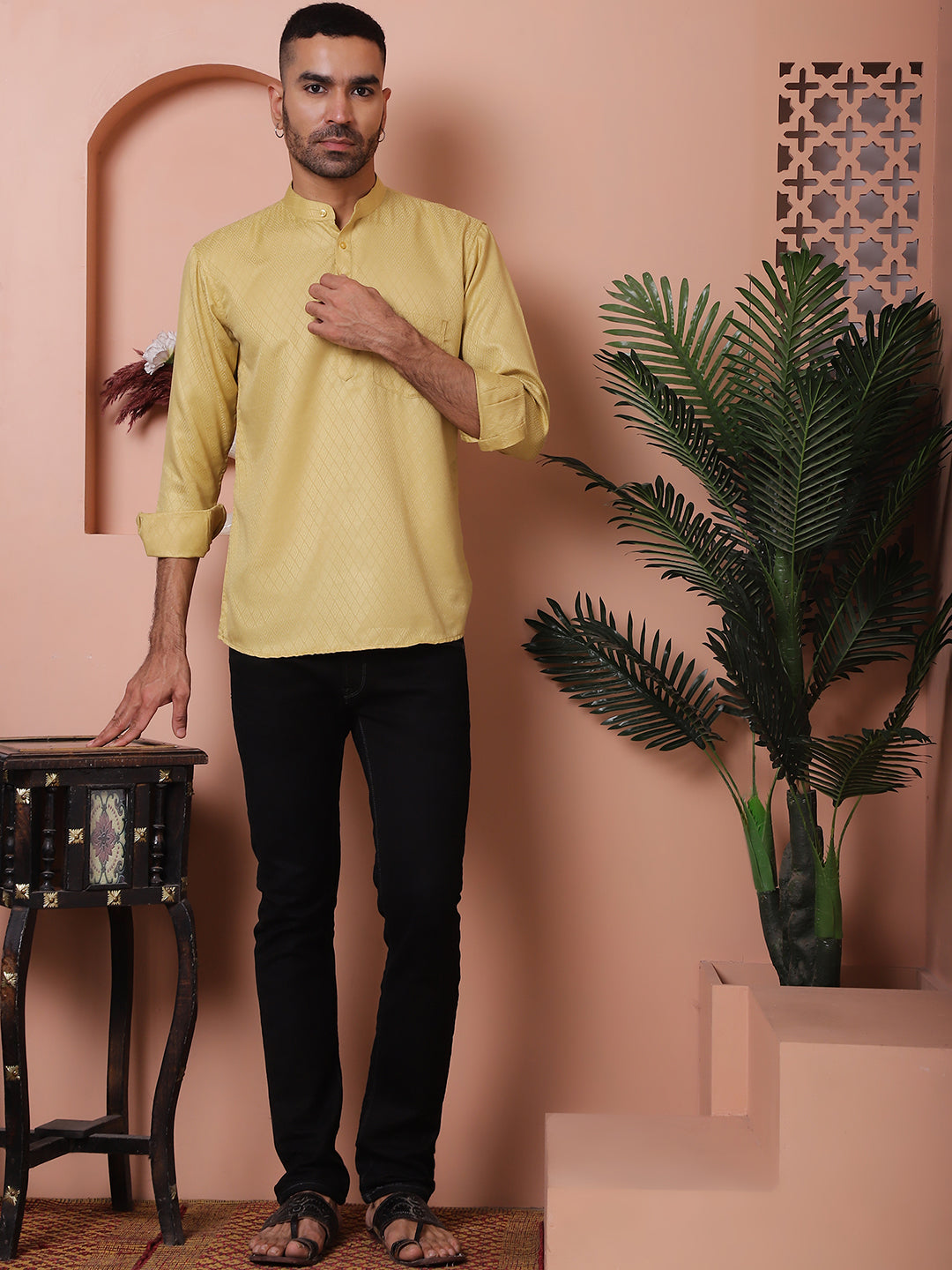 Beige Woven Design Short Kurta For Men