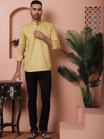 Beige Woven Design Short Kurta For Men