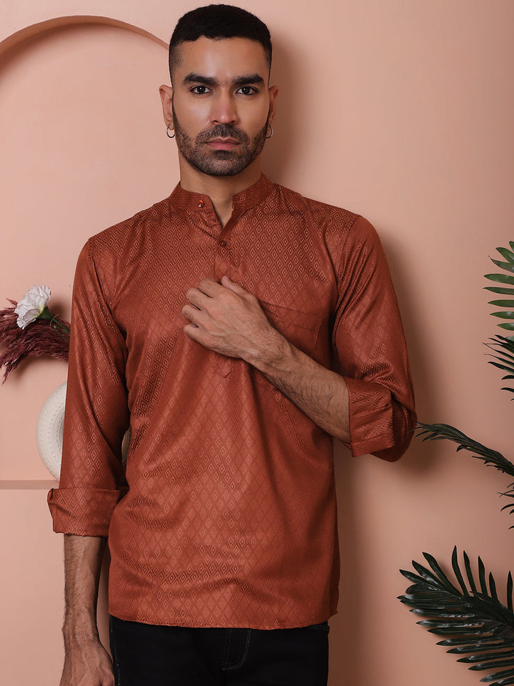 White Woven Design Short Kurta For Men