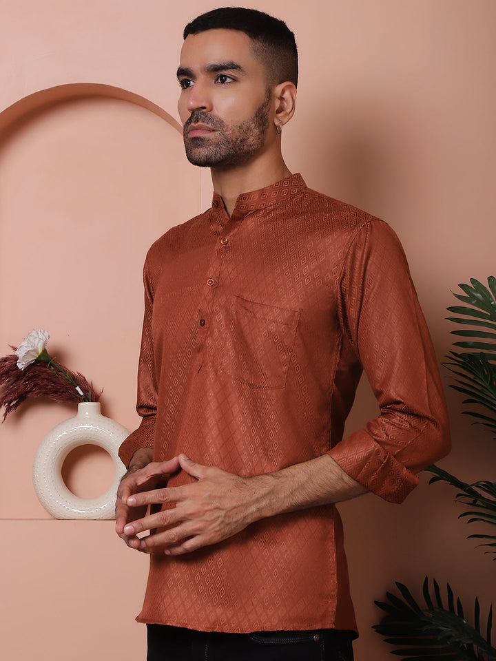 White Woven Design Short Kurta For Men
