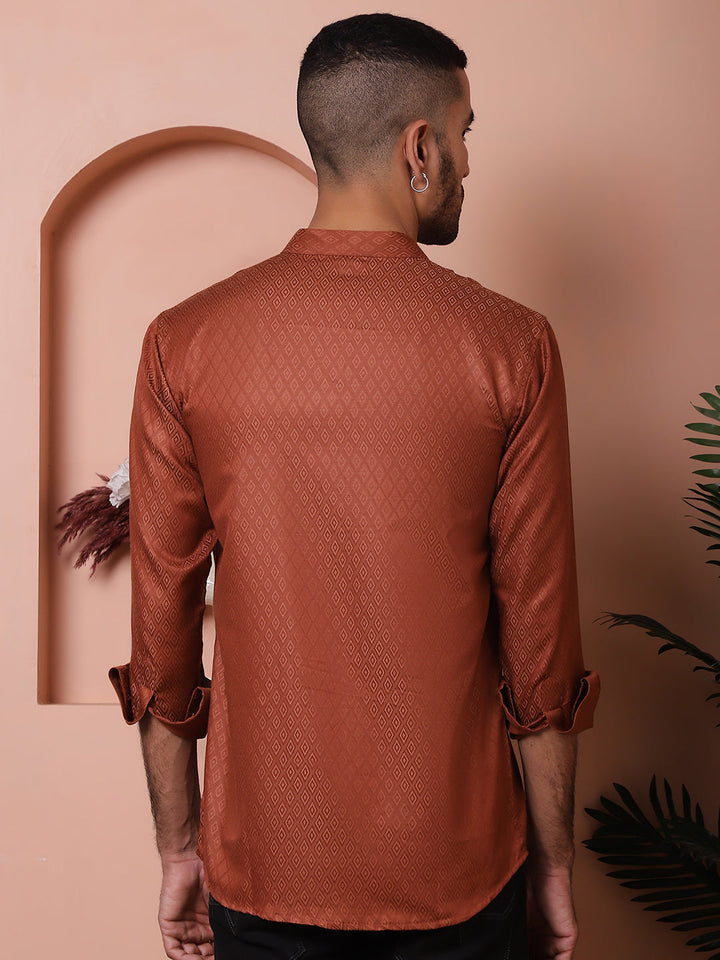 White Woven Design Short Kurta For Men