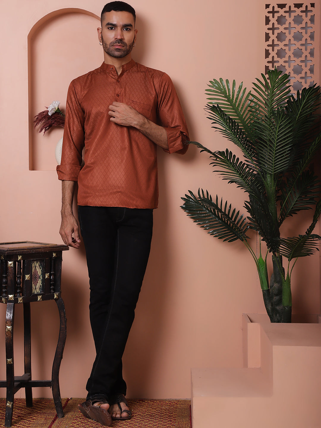White Woven Design Short Kurta For Men