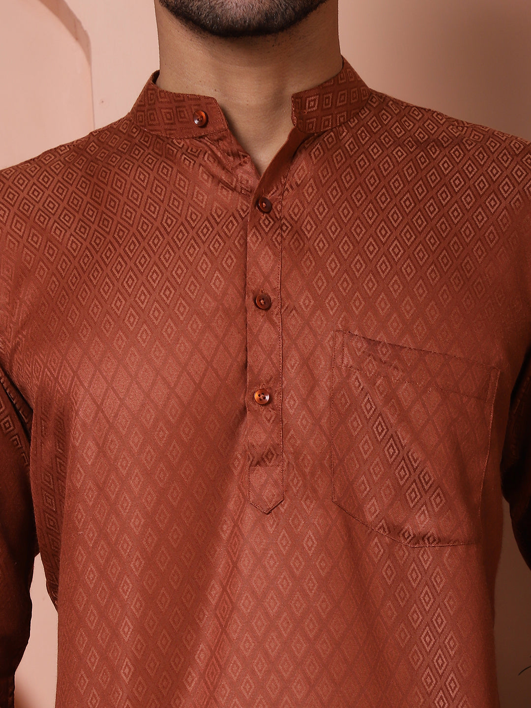 White Woven Design Short Kurta For Men