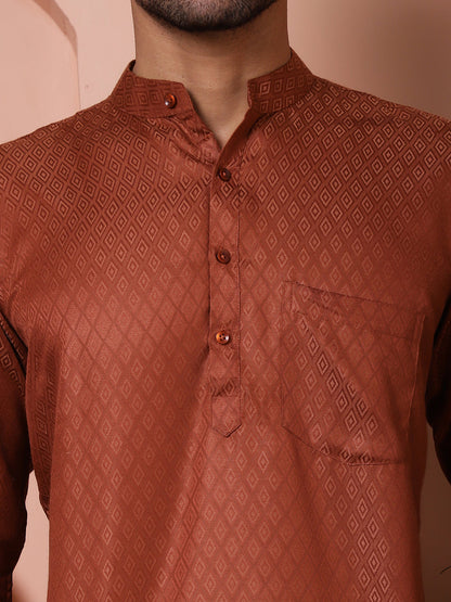 White Woven Design Short Kurta For Men
