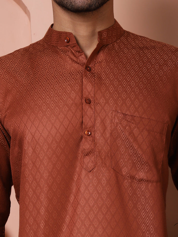 White Woven Design Short Kurta For Men