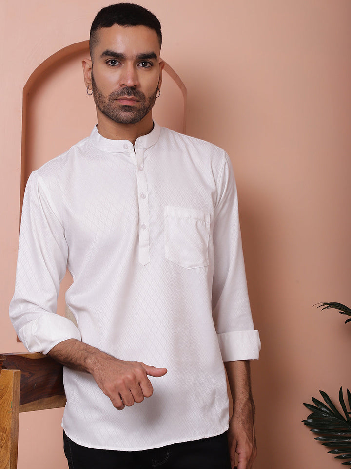 White Woven Design Short Kurta For Men