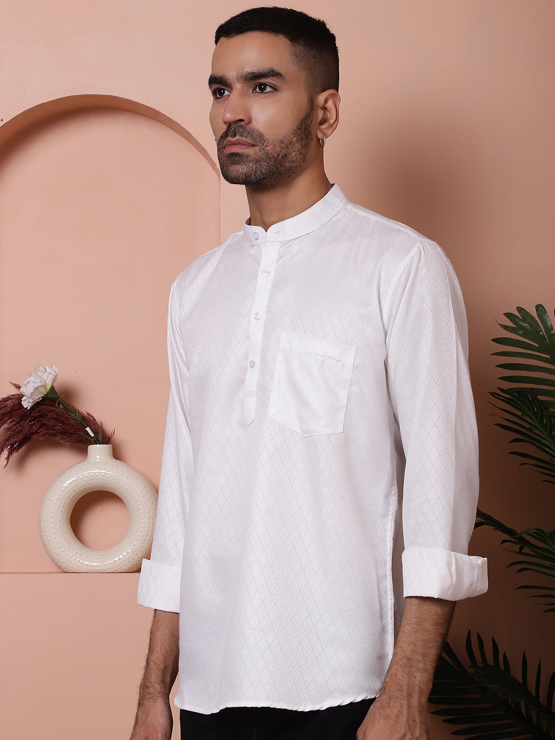 White Woven Design Short Kurta For Men