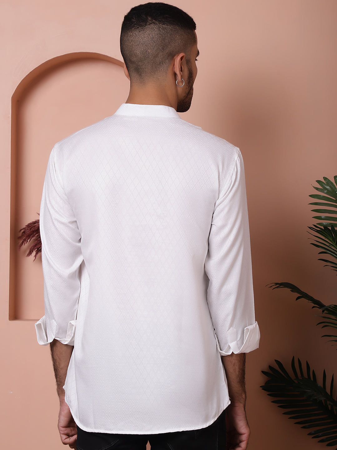 White Woven Design Short Kurta For Men