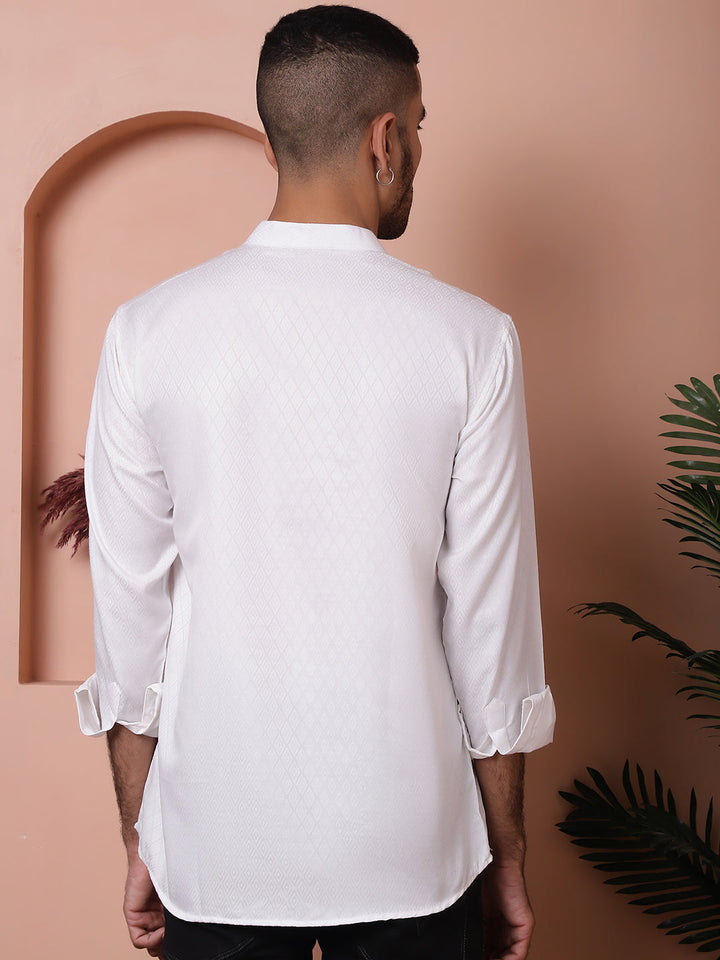 White Woven Design Short Kurta For Men