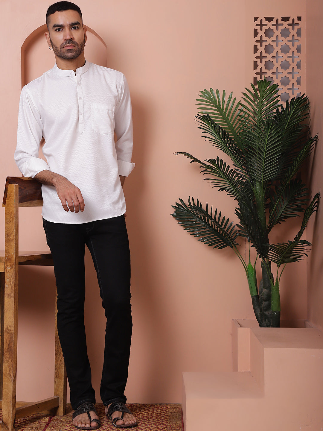 White Woven Design Short Kurta For Men