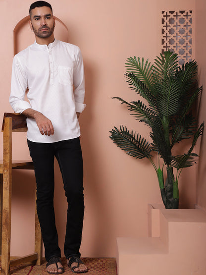 White Woven Design Short Kurta For Men