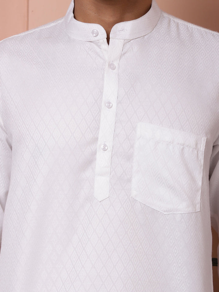 White Woven Design Short Kurta For Men