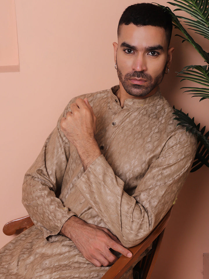 Men Brown Woven Design Cotton Kurtas.