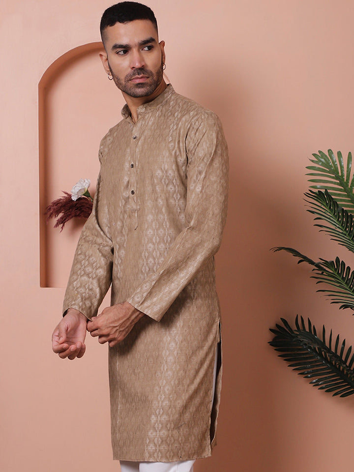 Men Brown Woven Design Cotton Kurtas.