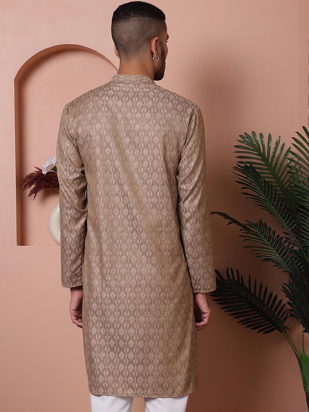 Men Brown Woven Design Cotton Kurtas.
