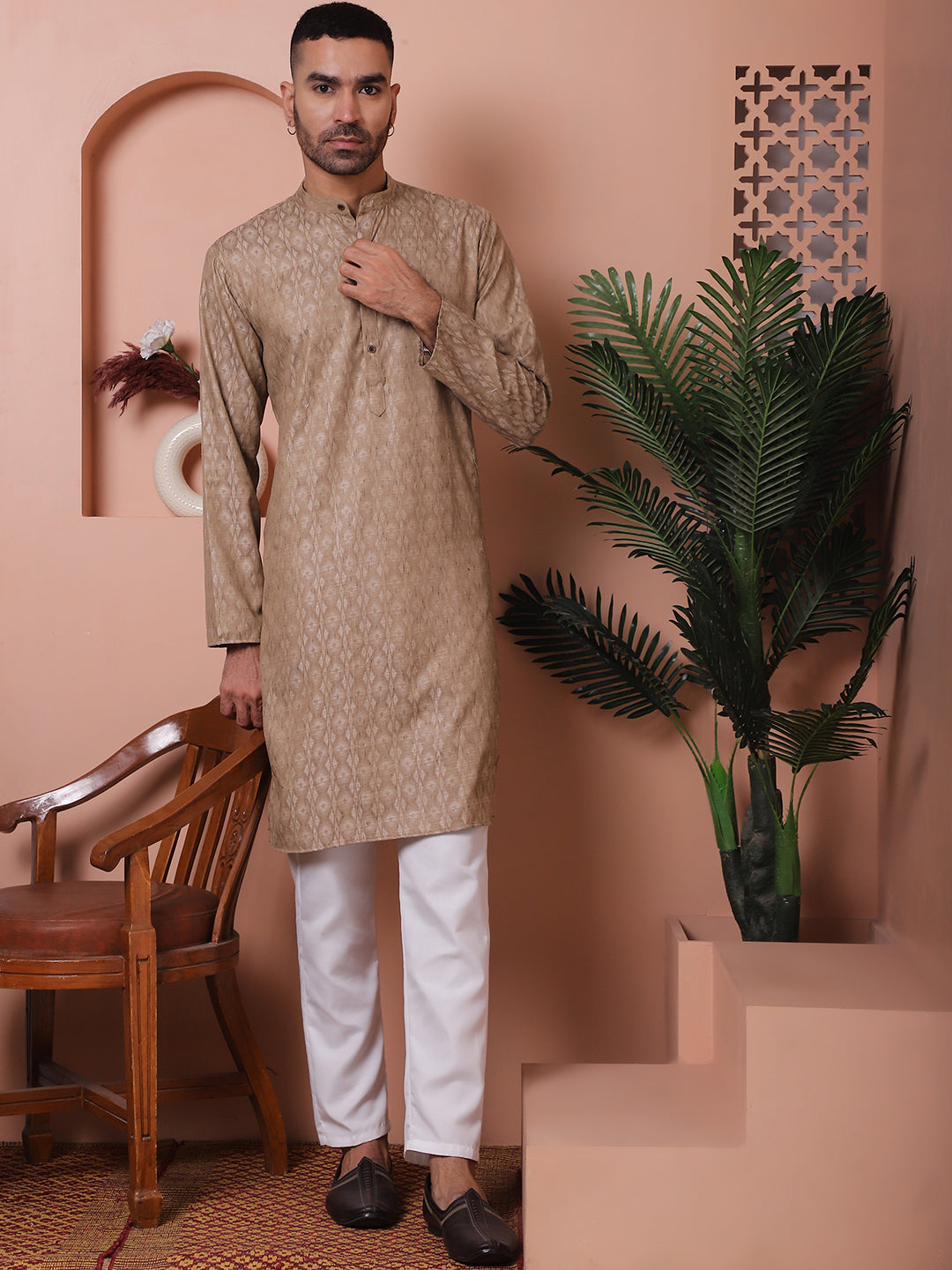 Men Brown Woven Design Cotton Kurtas.