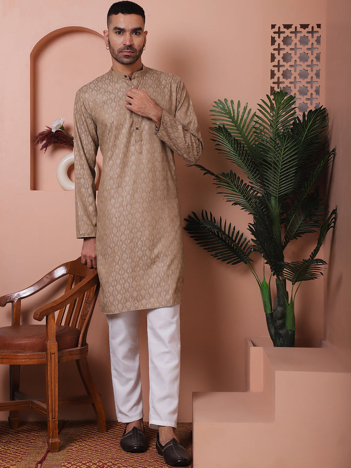 Men Brown Woven Design Cotton Kurtas.