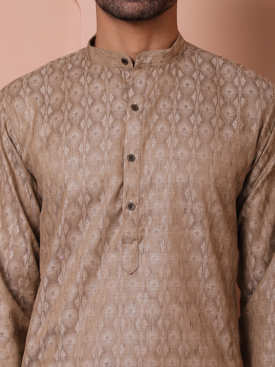 Men Brown Woven Design Cotton Kurtas.