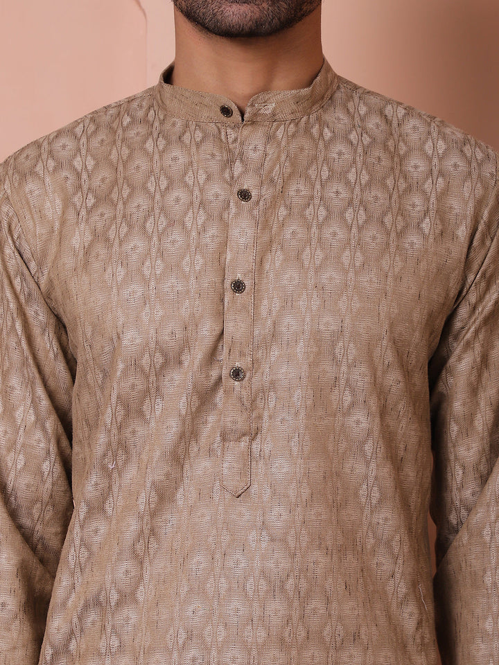 Men Brown Woven Design Cotton Kurtas.
