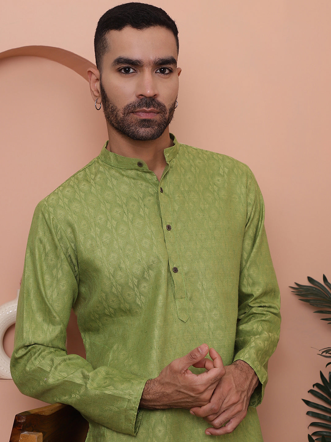Men Green Woven Design Cotton Kurtas.