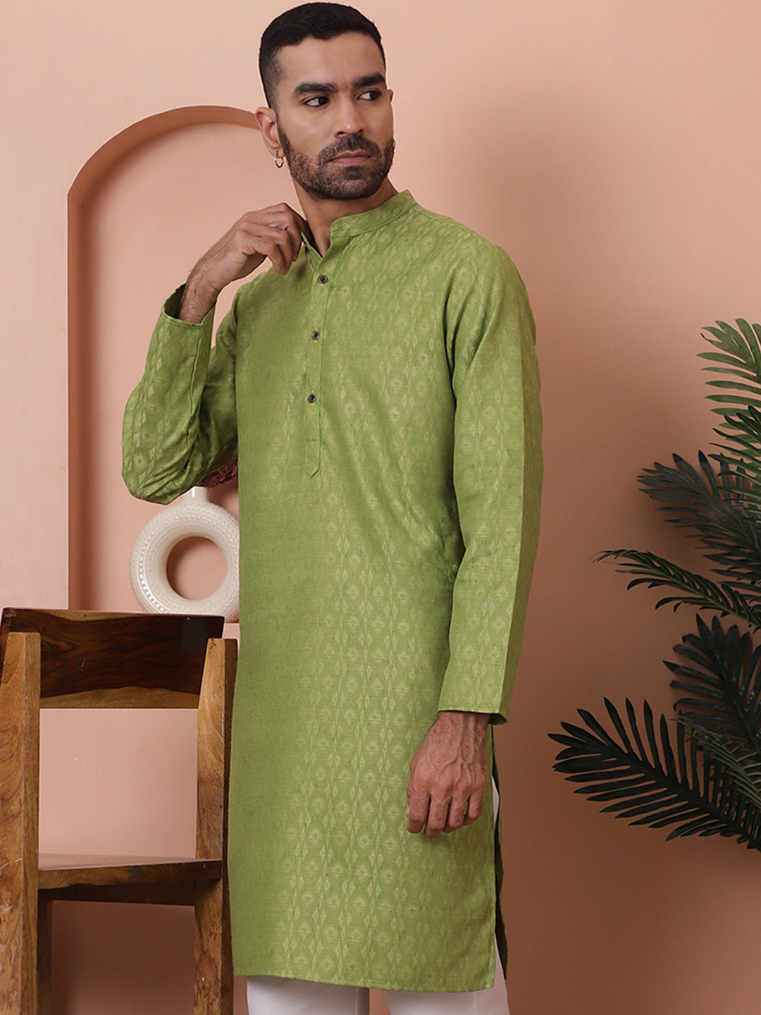 Men Green Woven Design Cotton Kurtas.