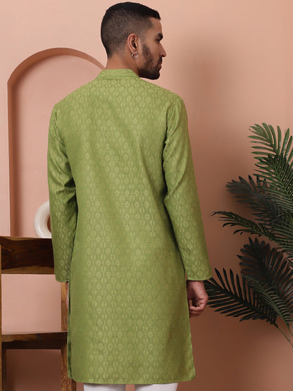 Men Green Woven Design Cotton Kurtas.
