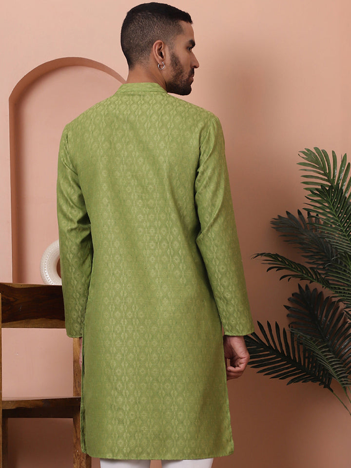 Men Green Woven Design Cotton Kurtas.