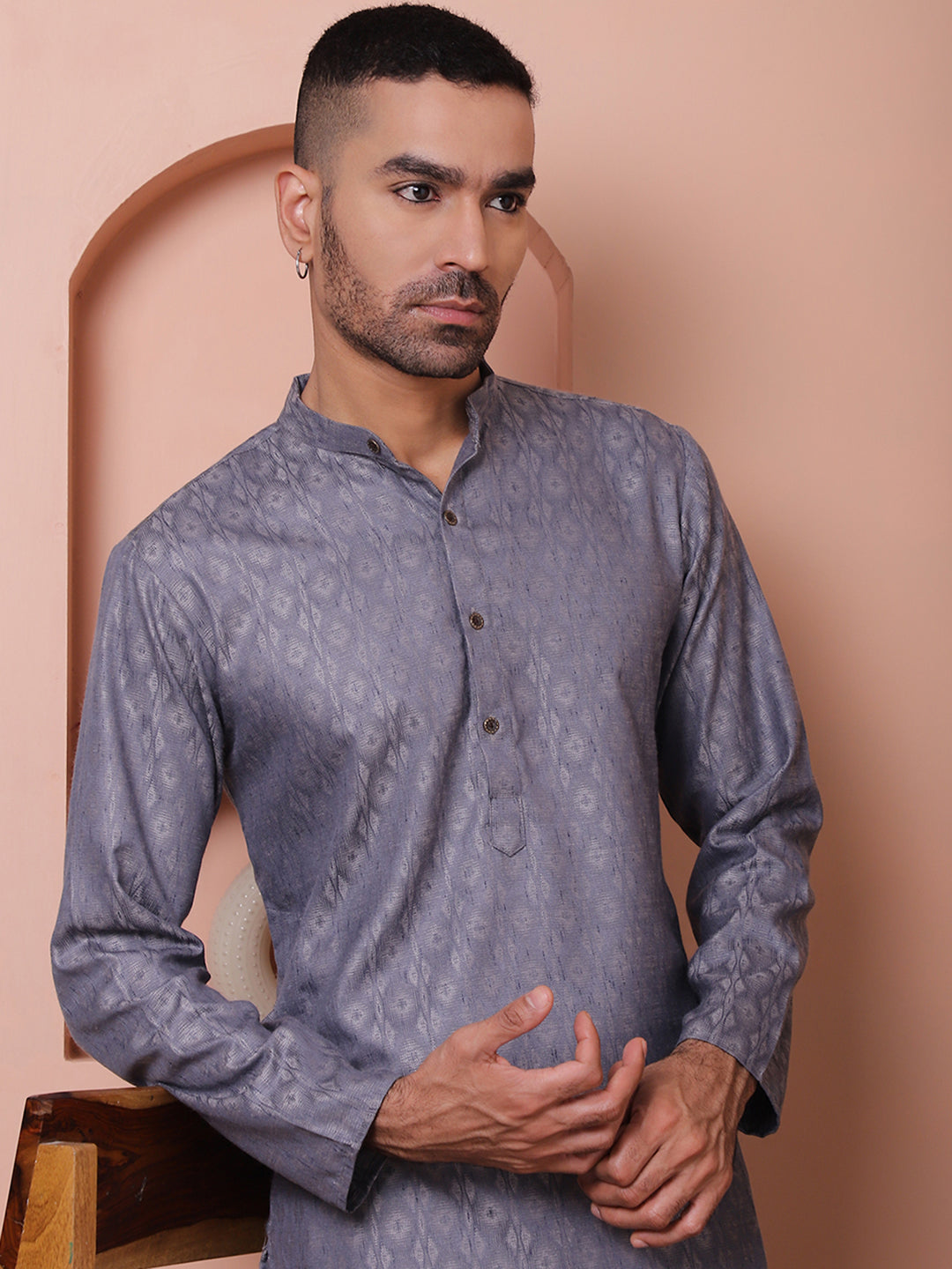 Men Grey Woven Design Cotton Kurtas.