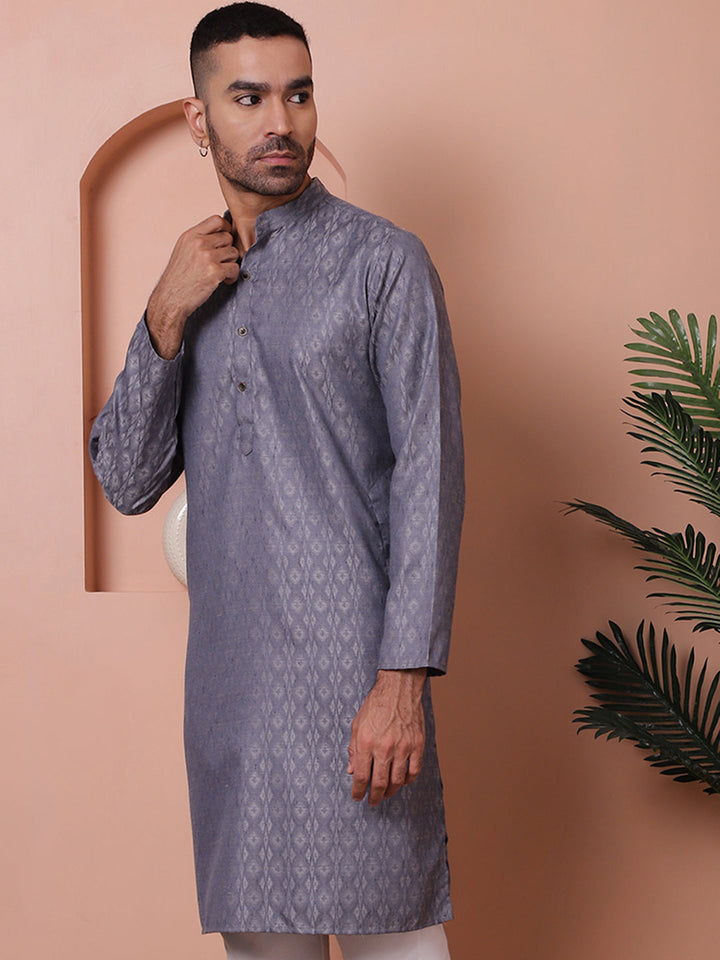 Men Grey Woven Design Cotton Kurtas.