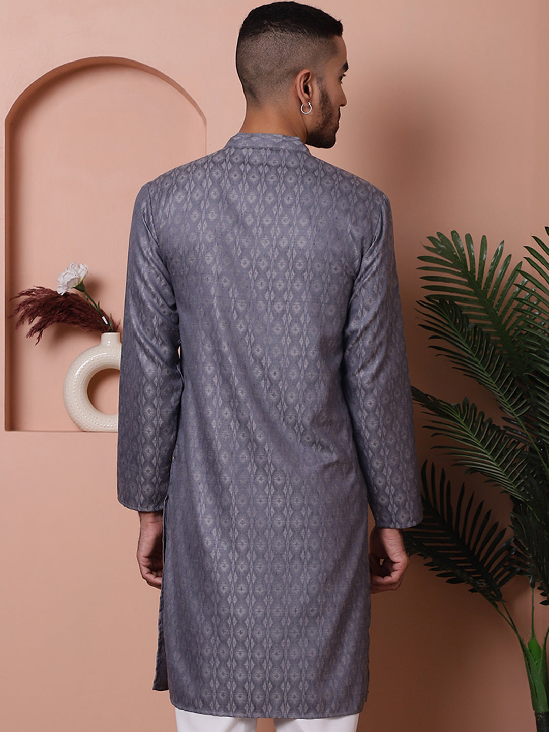 Men Grey Woven Design Cotton Kurtas.