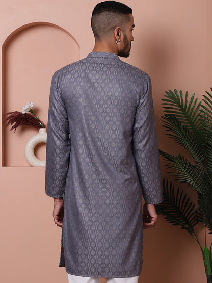 Men Grey Woven Design Cotton Kurtas.