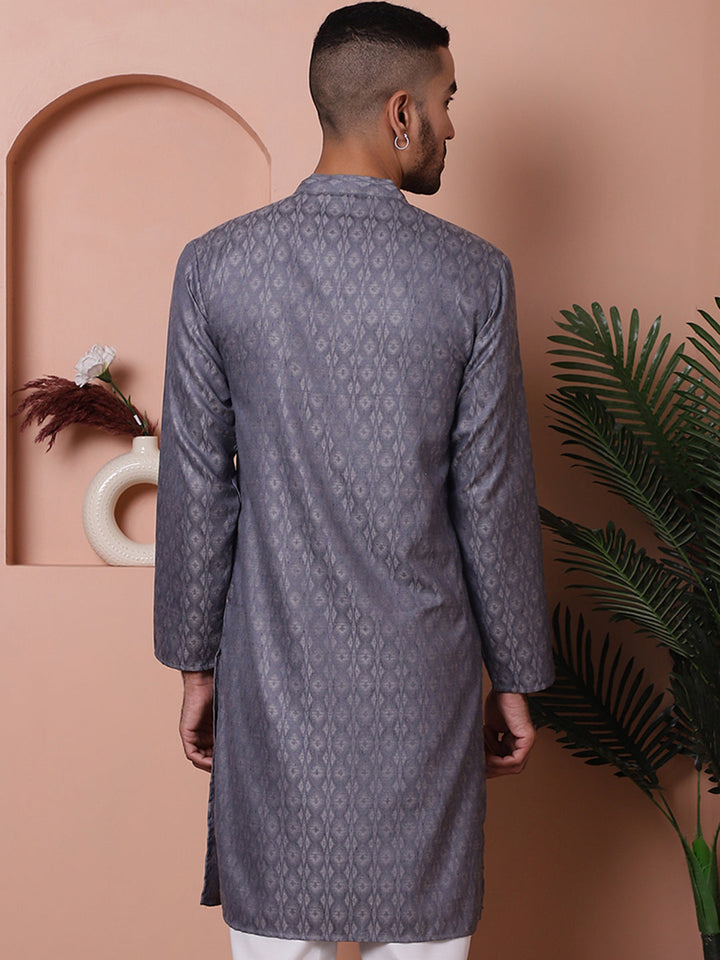 Men Grey Woven Design Cotton Kurtas.